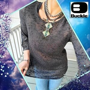 Buckle 3/4 Lace-sleeve Scoop Neck V-back Shimmery Rainbow Metallic Thread Tunic